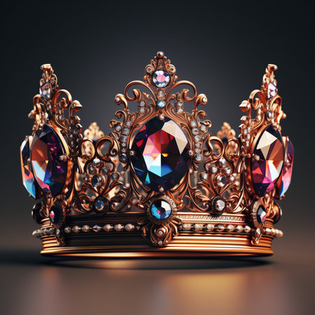 A detailed, ornate gold crown embellished with large, colorful faceted gemstones and smaller diamonds on a dark background.の素材