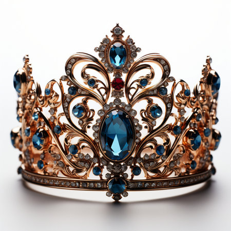 A regal and ornate gold tiara adorned with large blue gemstones, smaller blue accents, and sparkling diamonds, set against a clean white background.の素材