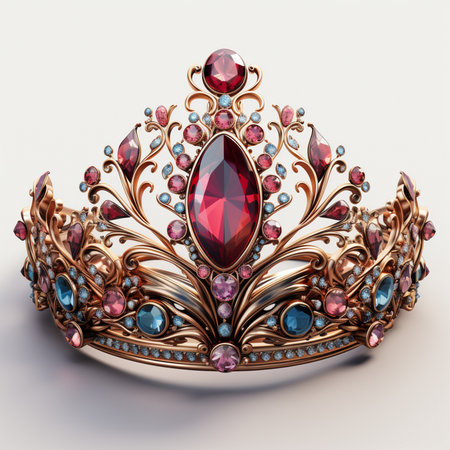 A detailed, ornate gold tiara featuring a large central ruby surrounded by numerous smaller red, blue, and pink gemstones and intricate metalwork.の素材