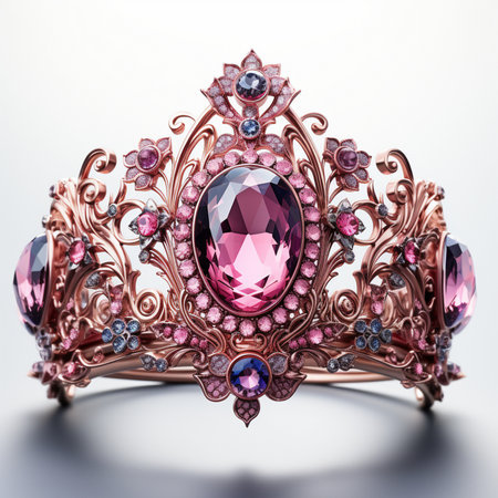 A detailed rose gold tiara adorned with large pink oval gemstones and smaller blue and pink accent stones on a clean white background.の素材