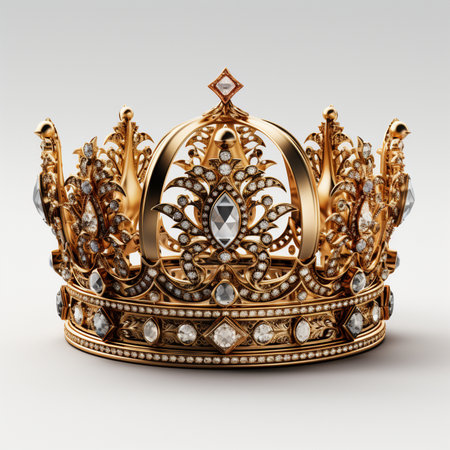 A detailed, ornate golden crown encrusted with numerous sparkling diamonds and precious gemstones, set against a clean white background.の素材