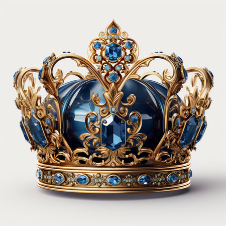 A luxurious golden crown adorned with deep blue gemstones, representing royalty and power. A symbol of prestige and high status.の素材
