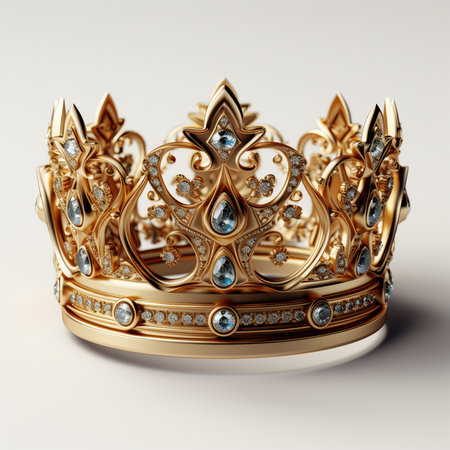 A luxurious golden crown adorned with sparkling blue gemstones and intricate diamonds on a plain background. High detail, regal.の素材