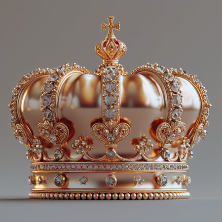 An ornate golden crown adorned with numerous sparkling diamonds, symbolizing royalty, power, and luxury. A majestic and elegant symbol.の素材