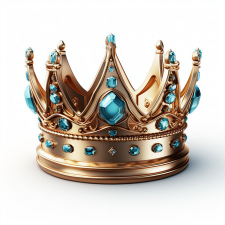 A luxurious golden crown adorned with brilliant blue gemstones, symbolizing royalty, power, and prestige. Isolated on a white background.の素材