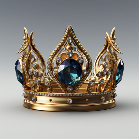 A luxurious golden crown adorned with large blue gemstones and sparkling diamonds, presented on a neutral background.の素材