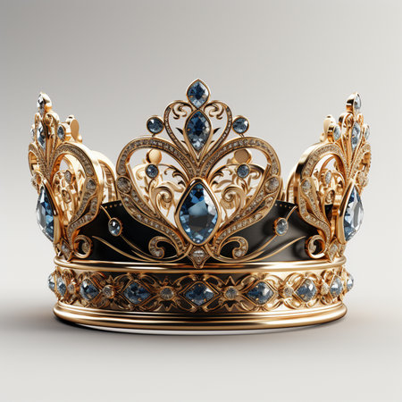 A luxurious golden crown adorned with deep blue gemstones and sparkling diamonds, presented on a neutral background.の素材