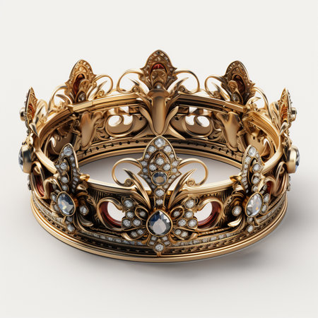 A detailed 3D render of an ornate golden crown, adorned with sparkling diamonds and deep red gemstones, symbolizing royalty and luxury.の素材