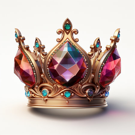 An ornate golden crown richly decorated with large, multifaceted gemstones in vibrant shades of red, purple, and blue, and smaller turquoise accents.の素材
