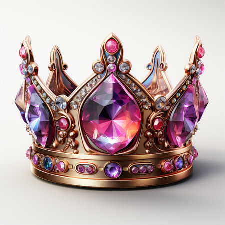 A luxurious golden crown adorned with vibrant purple, pink, and blue gemstones and sparkling diamonds on a white background. Regal and ornate.の素材