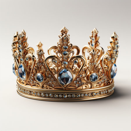 A luxurious golden crown adorned with large blue gemstones and sparkling diamonds, symbolizing royalty and prestige.の素材