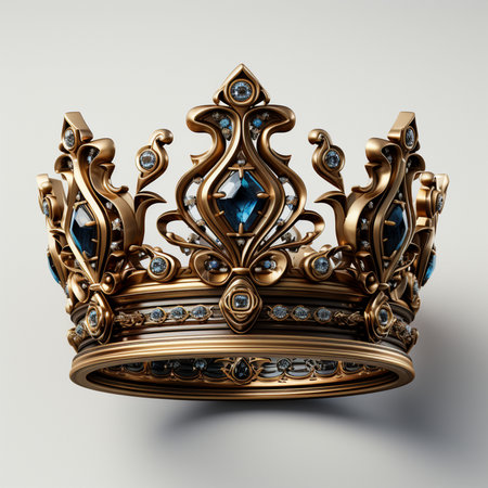 A luxurious golden crown adorned with large blue gemstones and sparkling diamonds, presented on a clean white background.の素材