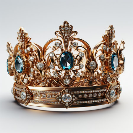 An ornate golden crown adorned with striking blue gemstones and sparkling diamonds, representing luxury and royalty.の素材