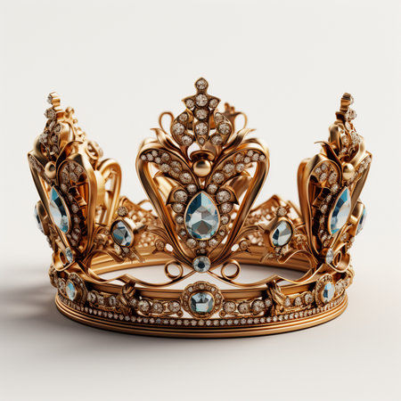 An ornate golden crown adorned with luminous blue gemstones and sparkling diamonds, presented on a clean white background. Regal and luxurious.の素材