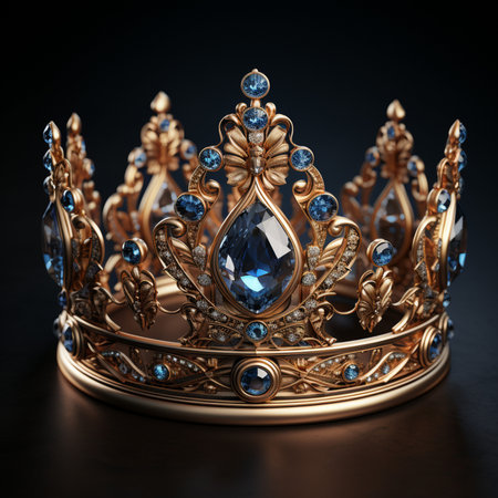 A detailed golden crown adorned with large blue gemstones and small diamonds on a dark background.の素材