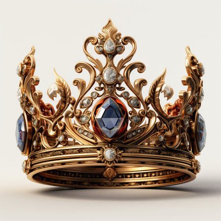 A luxurious golden crown adorned with intricate details and sparkling blue and red gemstones. High-quality render on a white background.の素材