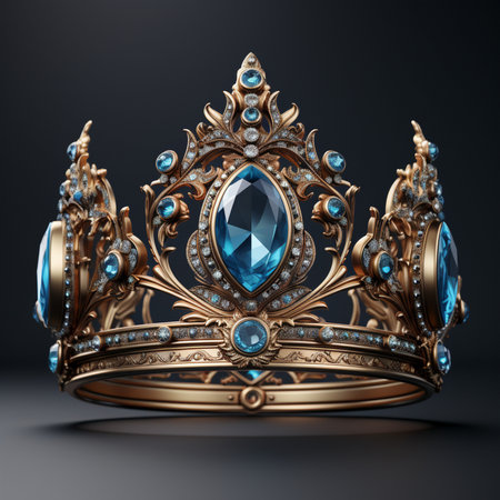 An ornate golden crown, encrusted with sparkling diamonds and large blue gemstones, rests on a dark background.の素材