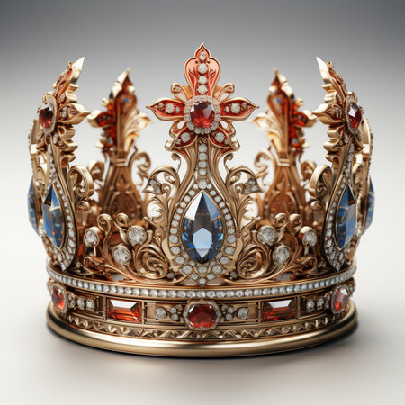 An ornate golden crown adorned with sparkling diamonds and large blue and red gemstones. Detailed royal headwear, isolated on a light background.の素材