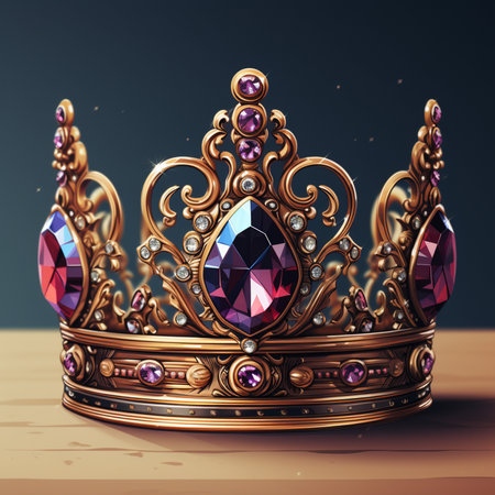 A luxurious golden crown adorned with prominent purple gemstones and sparkling diamonds rests on a wooden surface against a dark background.の素材
