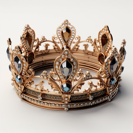 A luxurious golden crown adorned with sparkling diamonds and dark, multifaceted gems, set against a clean white background. Royalty and wealth.の素材