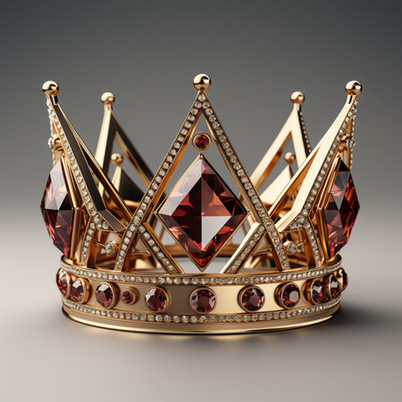 A luxurious golden crown adorned with large red gemstones and sparkling diamonds, set against a neutral background.の素材