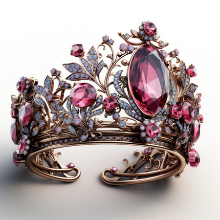 An ornate golden tiara adorned with numerous sparkling diamonds and deep red rubies, showcasing intricate floral and leaf motifs.の素材