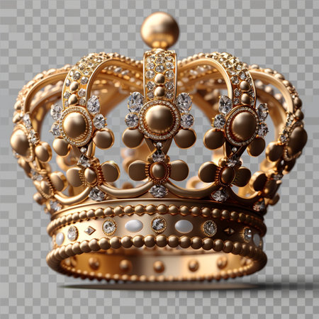 A magnificent golden royal crown adorned with sparkling diamonds and elegant pearls, symbolizing power, luxury, and prestige.の素材
