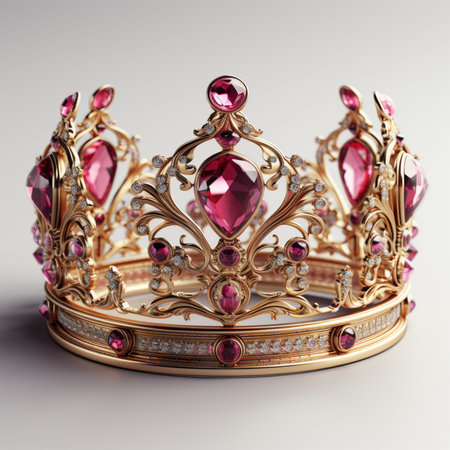 Luxurious golden crown adorned with large pink rubies and sparkling diamonds on a clean white background.の素材
