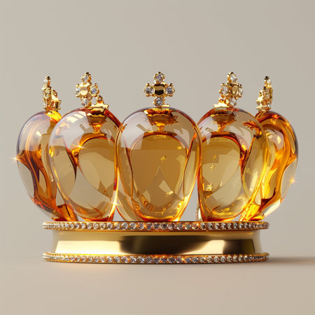 An ornate golden crown crafted from crystal and adorned with sparkling diamonds, displayed on a reflective surface against a neutral background.の素材