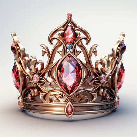 A detailed, ornate golden crown adorned with large red gemstones and smaller blue and pink accent stones. Isolated on a light background.の素材
