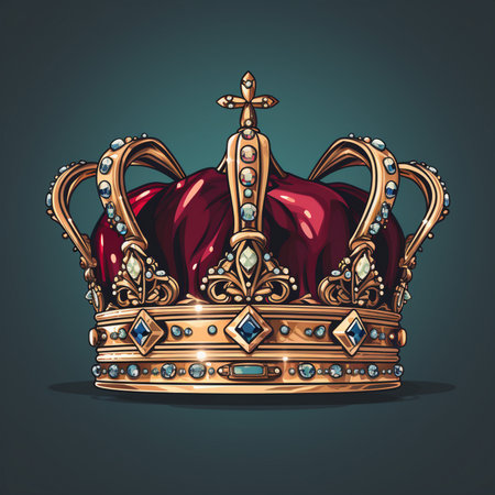 A majestic golden crown adorned with deep red jewels and sparkling diamonds, symbolizing royalty and power.の素材