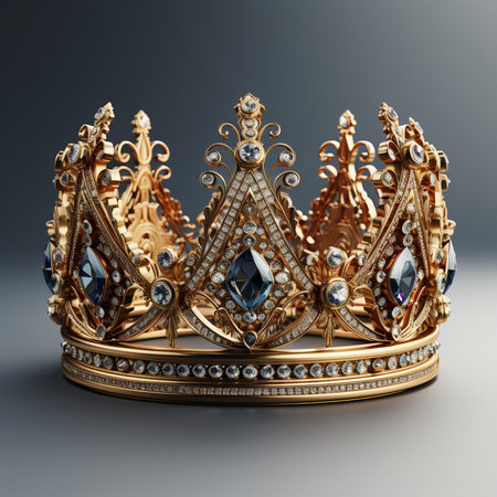 A close-up studio shot of a luxurious golden crown, intricately decorated with sparkling diamonds and large blue gemstones on a gradient background.の素材