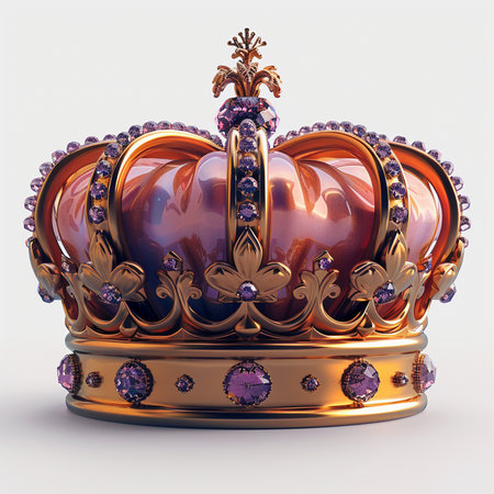 A luxurious golden crown adorned with vibrant purple gemstones, presented against a clean white backdrop. Regal and elegant.の素材