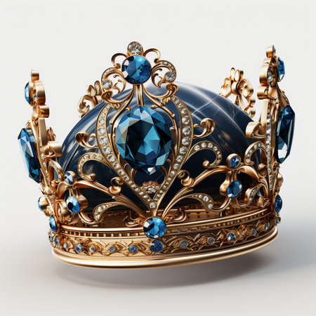 A magnificent gold crown encrusted with large blue gemstones and sparkling diamonds, set against a dark, reflective surface.の素材