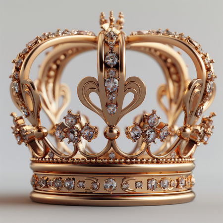 An ornate, detailed gold crown adorned with sparkling diamonds, presented on a clean, light background. Royalty symbol.の素材