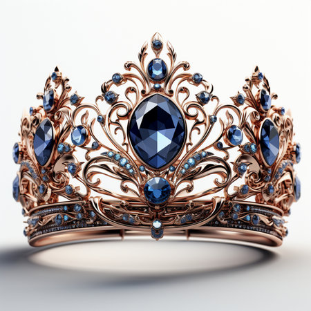 An opulent rose gold tiara adorned with numerous deep blue sapphires and intricate filigree details, presented on a clean white background.の素材
