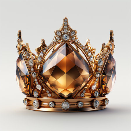 A regal golden crown, intricately designed with large faceted amber gems and sparkling diamonds, set against a clean white background. Represents luxury and royalty.の素材