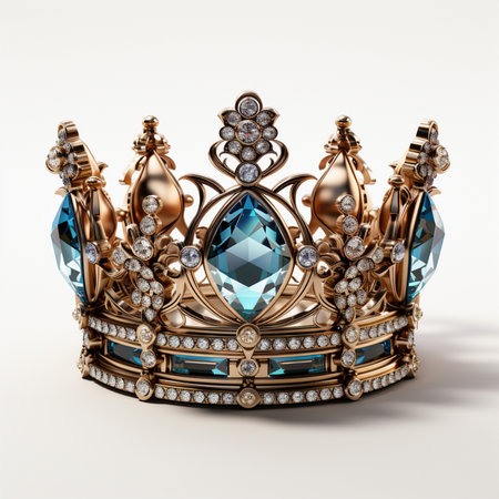 A detailed, opulent gold crown adorned with large blue gemstones and sparkling diamonds, set against a clean white background.の素材