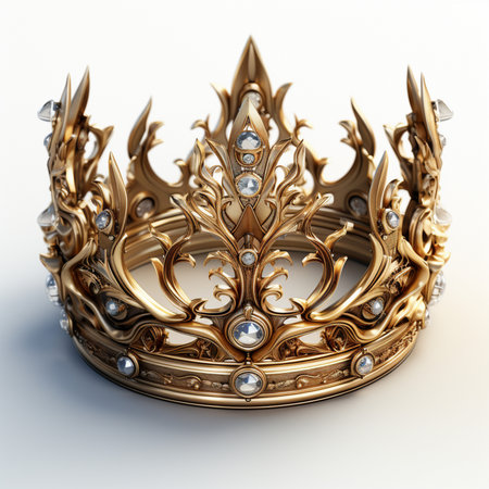 A luxurious, ornate golden crown adorned with sparkling diamonds, symbolizing royalty and prestige. Studio shot on a white background.の素材