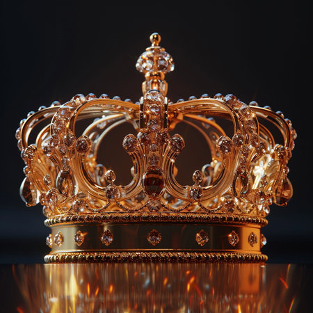 A close-up, detailed view of an ornate gold crown encrusted with diamonds, symbolizing royalty, power, and luxury. isolated on a dark background.の素材