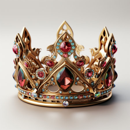 A detailed, ornate golden crown studded with red and blue gemstones, symbolizing royalty and prestige. Isolated on a plain background.の素材