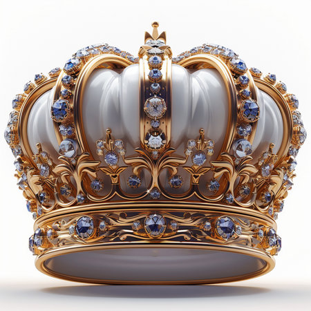 A detailed, ornate crown crafted from polished gold, adorned with sparkling blue and white gemstones, symbolizing royalty and prestige.の素材