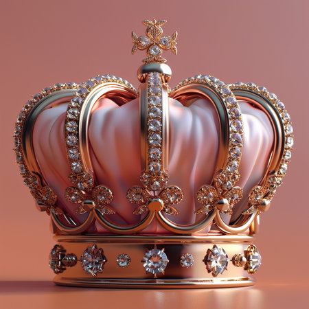A detailed, opulent gold crown adorned with sparkling diamonds and soft pearls, set against a smooth, warm background.の素材