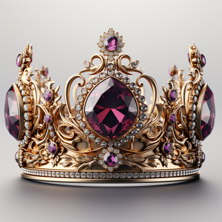 An ornate golden crown adorned with large faceted amethyst gemstones and sparkling diamonds, symbolizing royalty and prestige.の素材