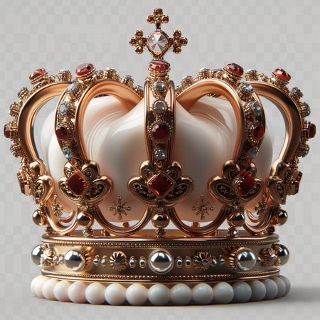 A regal and opulent golden crown adorned with deep red gemstones and lustrous pearls, symbolizing royalty and prestige.の素材