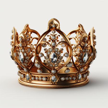 A detailed, ornate gold crown adorned with sparkling diamonds, presented on a clean white background. Exquisite royal symbol.の素材