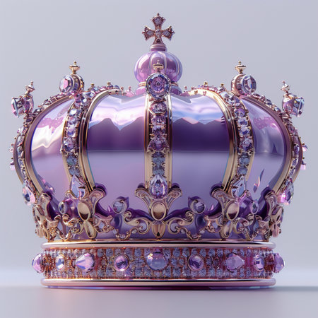A majestic royal crown crafted with shimmering purple gemstones and intricate gold detailing, symbolizing power and prestige. A symbol of royalty.の素材