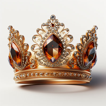 An exquisite golden crown, intricately designed and encrusted with sparkling diamonds and large amber-colored gemstones, resting on a white background.の素材