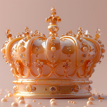 An ornate golden crown adorned with sparkling diamonds and lustrous pearls, set against a soft, neutral background. Detailed, elegant, regal.の素材