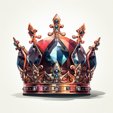 A detailed illustration of a regal, ornate crown adorned with large, faceted red, blue, and clear gemstones, set in gold metalwork.の素材